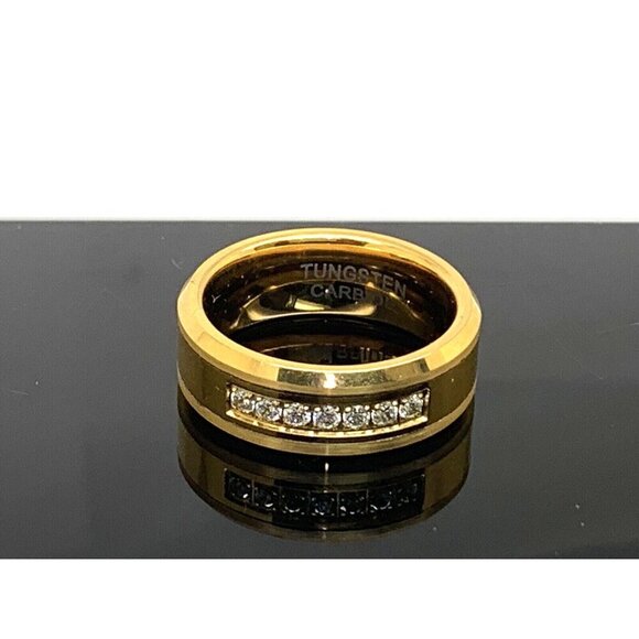 Men's Wedding Band Gold Tone Tungsten Cubic Zirconia 8mm Ring Size 10 - Picture 11 of 15